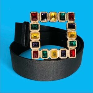 Multicolor Rhinestone Gem Buckle Black Belt Statement Retro Glam Party